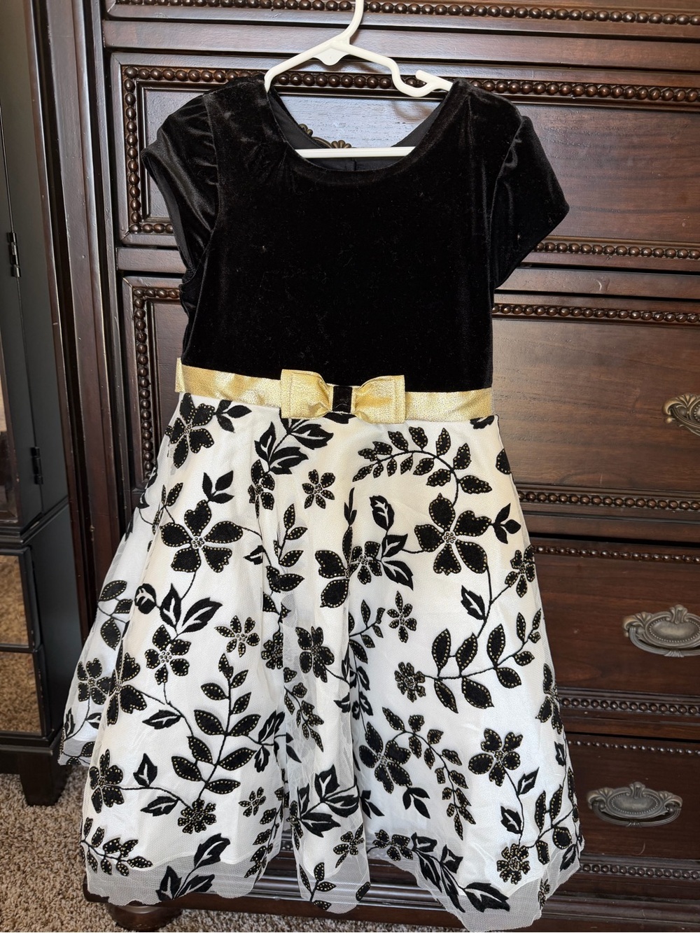 Girls Black & White Floral Velvet Party Dress with Gold Bow